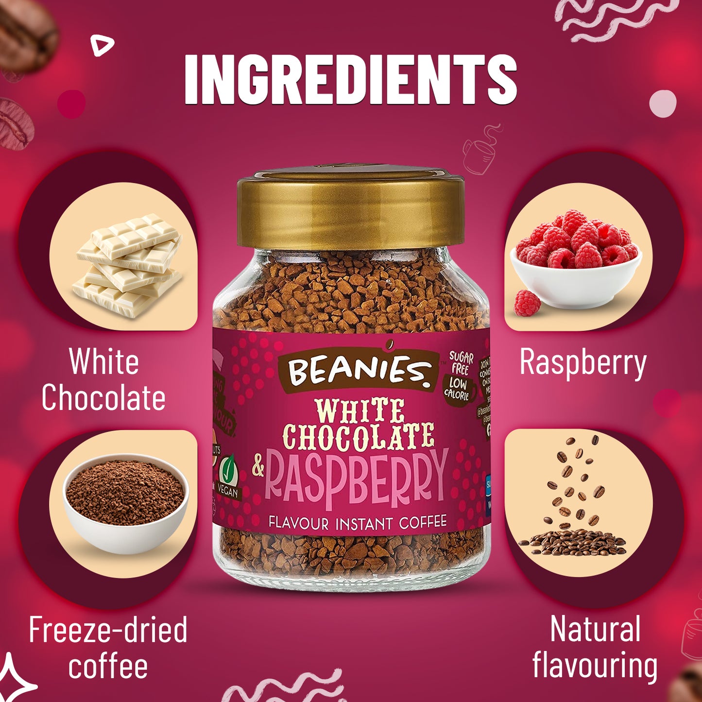 Beanies White Chocolate and Raspberry Flavour Instant Coffee, 50g