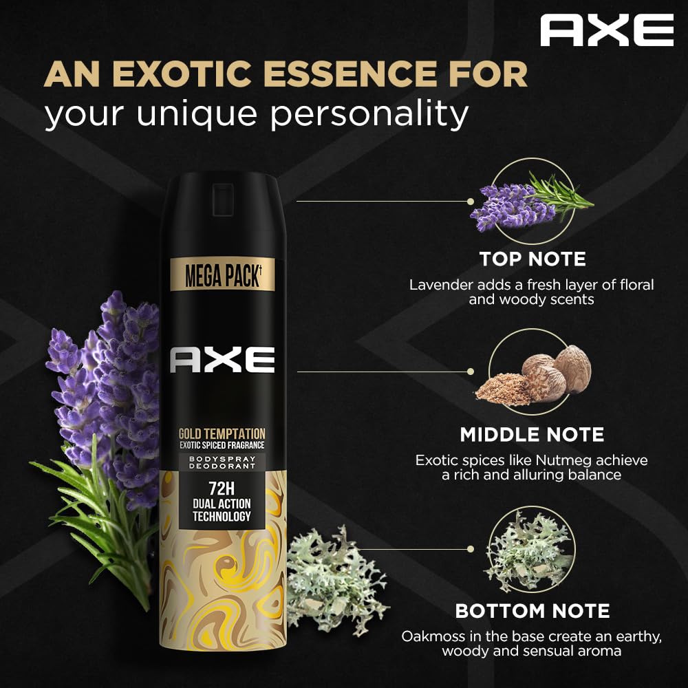 Axe Gold Temptation Long Lasting Deodorant Bodyspray For Men, 215ml, Pack of 3