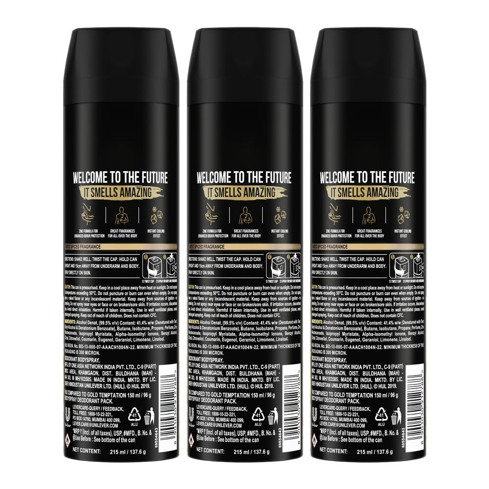 Axe Gold Temptation Long Lasting Deodorant Bodyspray For Men, 215ml, Pack of 3