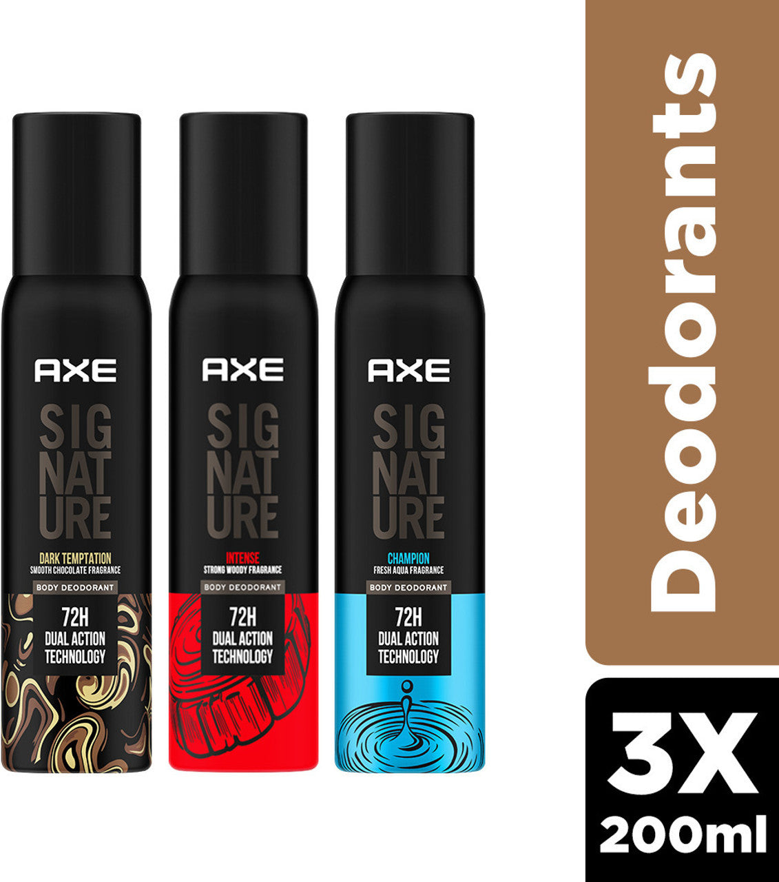AXE SIGNATURE SIGNATURE Dark Temptation, Champion and Intense No Gas Body Perfume Deodorant Spray - For Men (200 ml, Pack of 3)