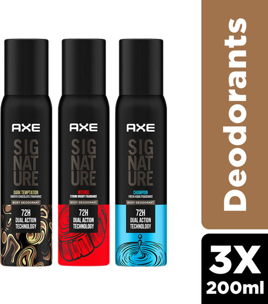 AXE SIGNATURE SIGNATURE Dark Temptation, Champion and Intense No Gas Body Perfume Deodorant Spray - For Men (200 ml, Pack of 3)
