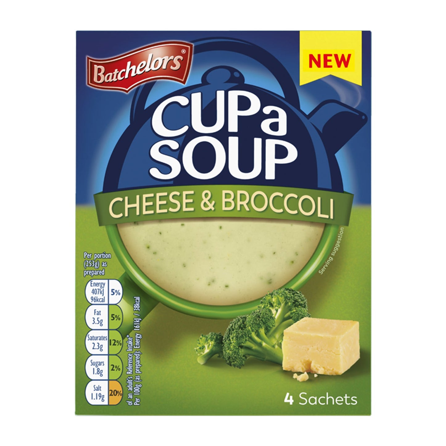 Batchelors - Cup A Soup Cheese & Broccoli | Instant Cheese Broccoli Soup Sachets Pack of 4 (92g)