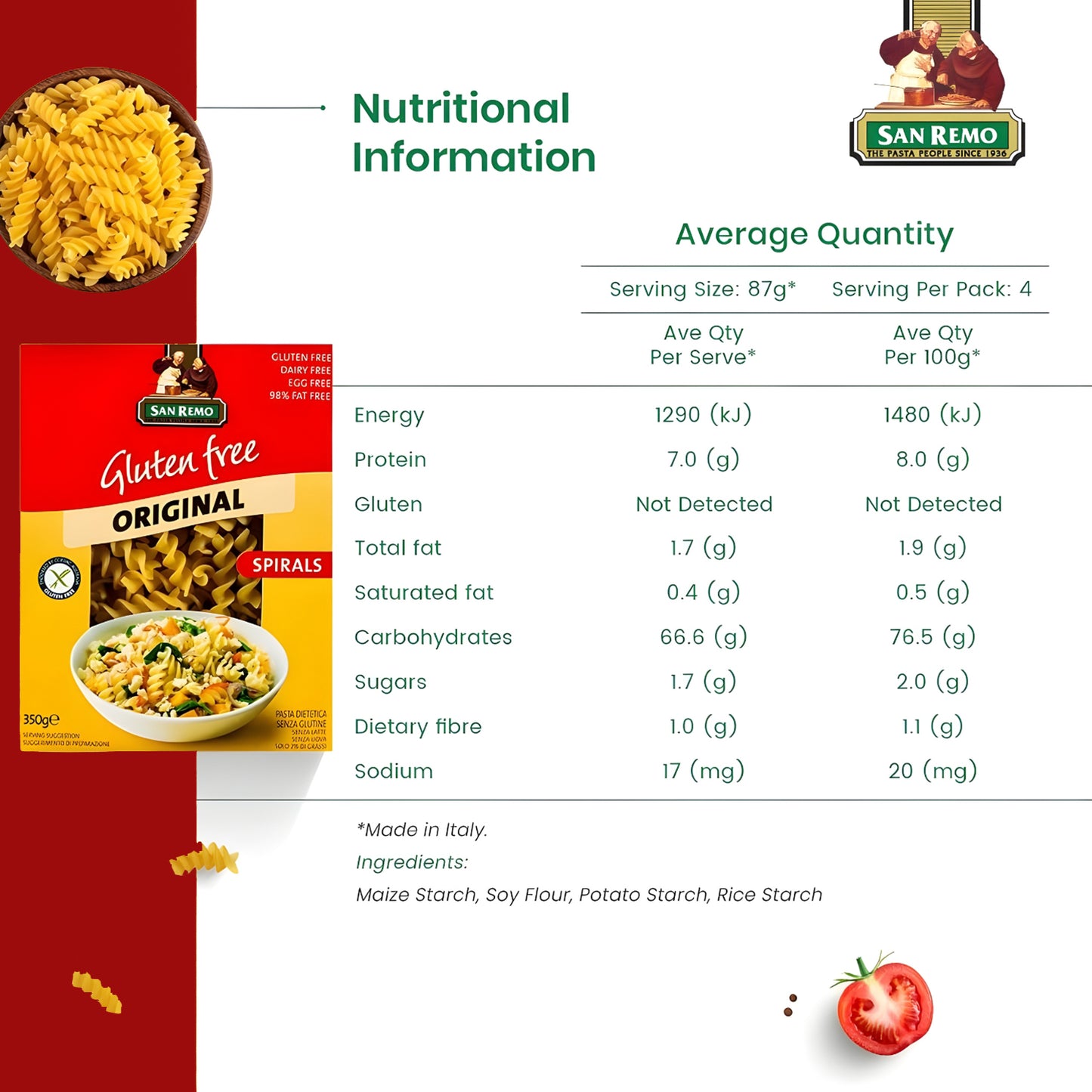 San Remo Gluten Free Spirals Pasta, 350g