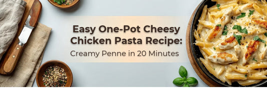 Creamy chicken penne pasta in a skillet with herbs beside the one-pot cheesy chicken pasta recipe title.