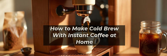 Coffee machine between two iced coffee drinks, with the title How to Make Cold Brew With Instant Coffee at Home.