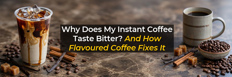 Iced coffee and a hot coffee mug beside coffee beans and spices, with a title about fixing bitter instant coffee.