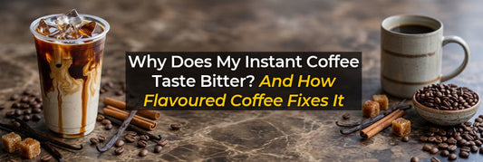Iced coffee and a hot coffee mug beside coffee beans and spices, with a title about fixing bitter instant coffee.