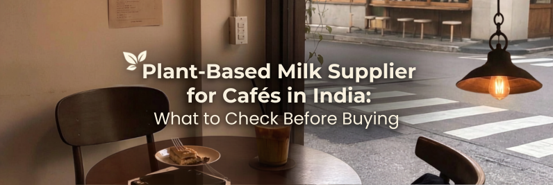 Barista steaming plant-based milk for a latte in an Indian café, with MILKLAB cartons in the background
