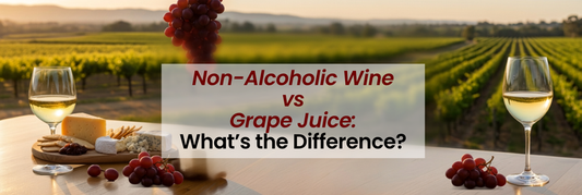 Bottles of non-alcoholic wine next to grape juice illustrating the key differences in production and flavour