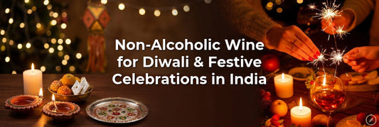 Diwali table with diyas, candles, sweets, sparklers and a wine glass beside the title Non-Alcoholic Wine for Diwali & Festive Celebrations in India.