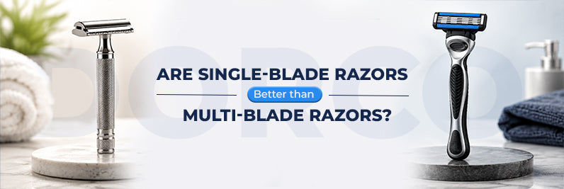 Single-blade and multi-blade Dorco razors placed side by side on a clean bathroom counter