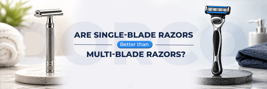Single-blade and multi-blade Dorco razors placed side by side on a clean bathroom counter