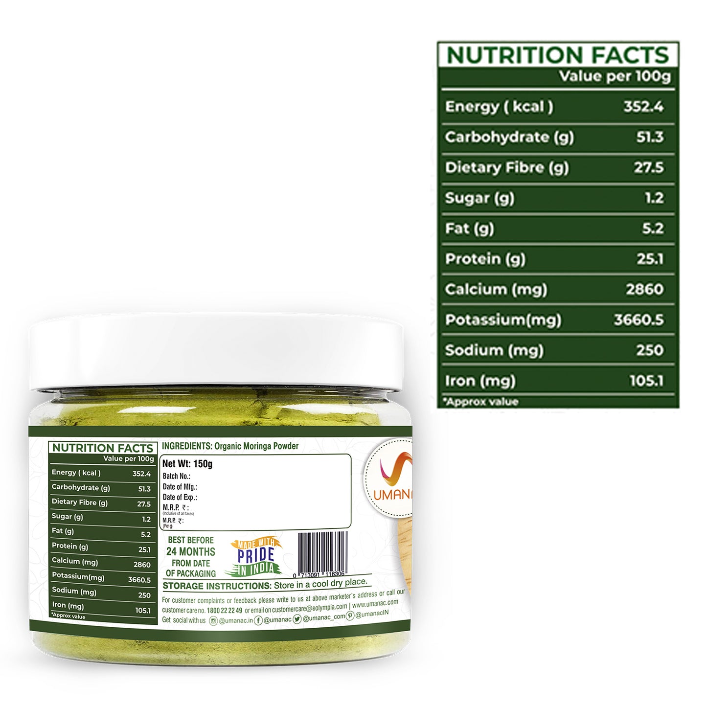 Umanac Organic Moringa Powder-150g (Pack Of 2)