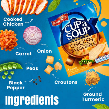 Batchelors - Cup A Soup Chicken & Vegetable with Croutons | Instant Chicken Soup Sachets Pack of 4 (110g)
