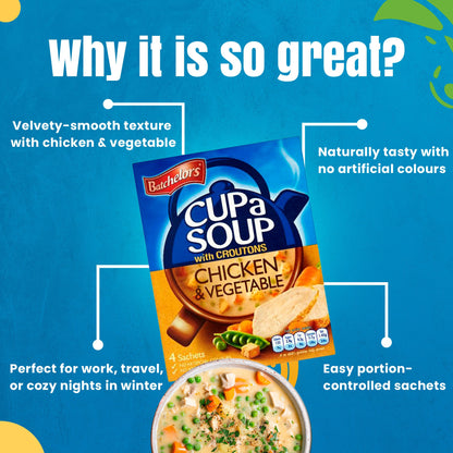 Batchelors - Cup A Soup Chicken & Vegetable with Croutons | Instant Chicken Soup Sachets Pack of 4 (110g)