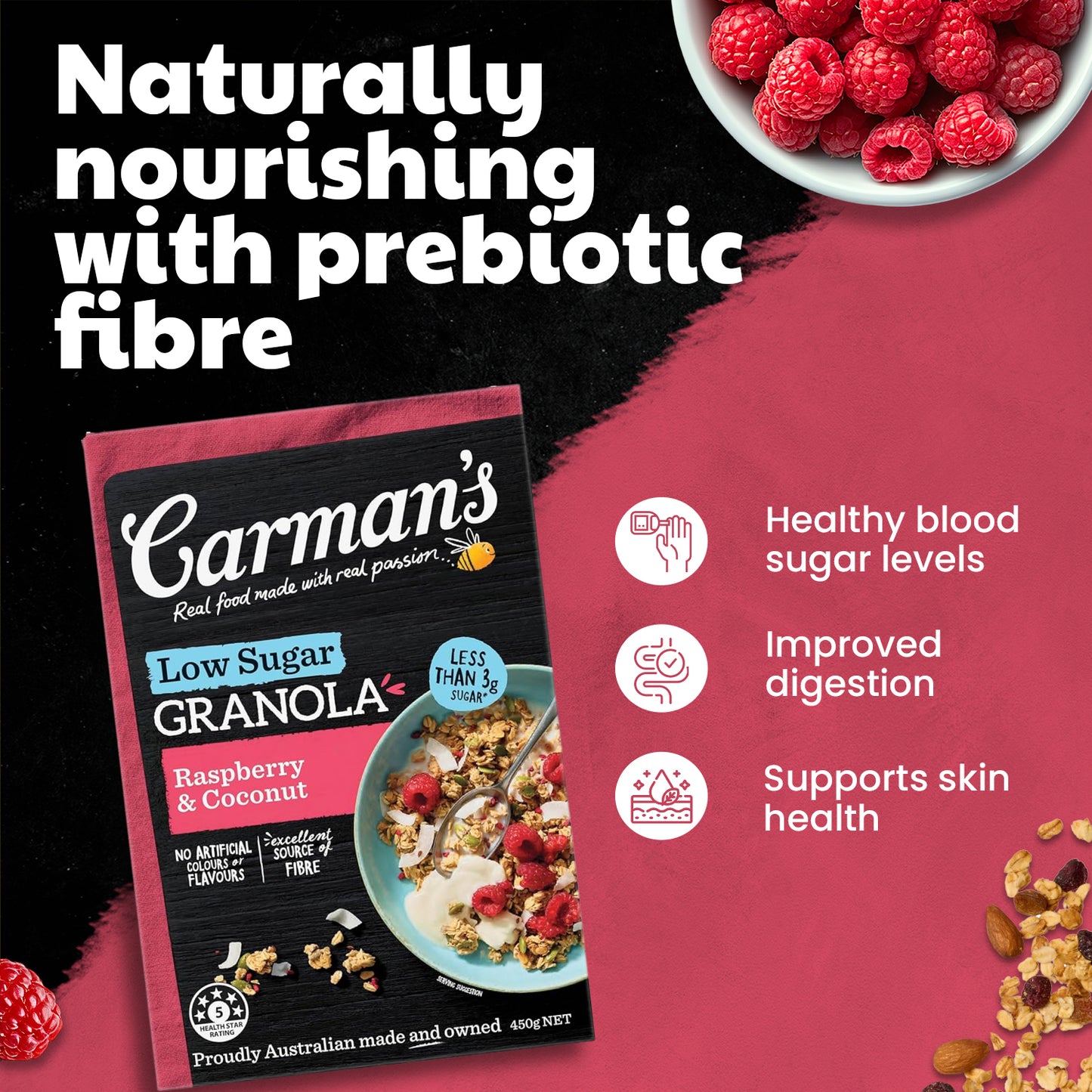 Carmans Granola Raspberry & Coconut Low Sugar 450g