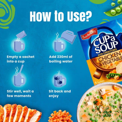 Batchelors - Cup A Soup Chicken & Vegetable with Croutons | Instant Chicken Soup Sachets Pack of 4 (110g)