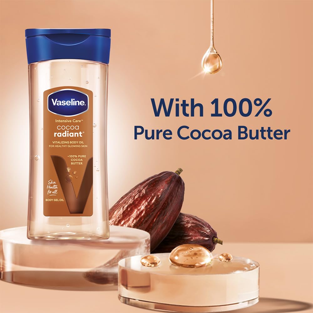 Vaseline Intensive Care Cocoa Radiant Body Oil | With Cocoa Butter | Non-Greasy Formula for Dry Skin | 200 ML