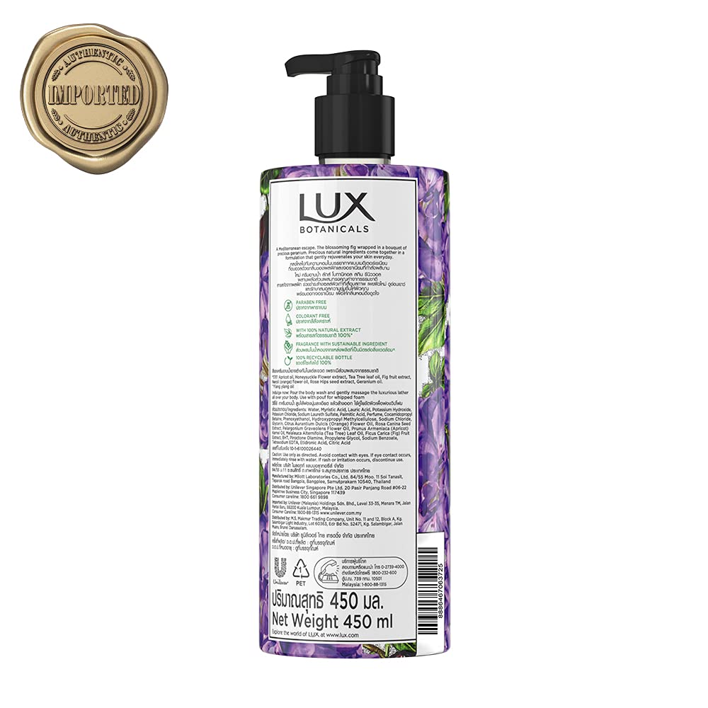 LUX Botanicals Skin Renewal Natural Body Wash | Geranium Oil & Fig Extract 450ml