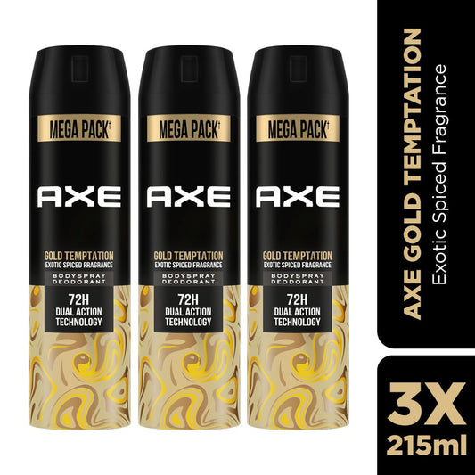 Axe Gold Temptation Long Lasting Deodorant Bodyspray For Men, 215ml, Pack of 3