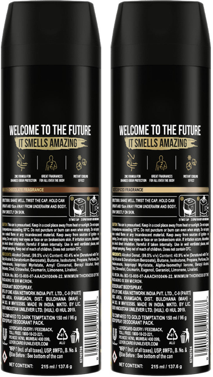 AXE Dark Temptation & Gold Temptation Long Lasting For Men Body Spray - For Men  (215 ml, Pack of 2)