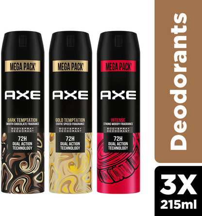 AXE -gold Temptation, Dark Temptation and Intense Deodorant Spray for Men  (215ml, Pack of 3)