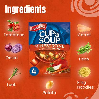 Batchelors - Cup A Soup Minestrone with Croutons | Instant Vegetable Soup Sachets Pack of 4 (94g)