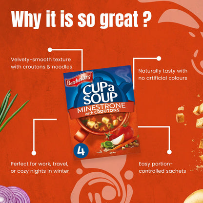 Batchelors - Cup A Soup Minestrone with Croutons | Instant Vegetable Soup Sachets Pack of 4 (94g)