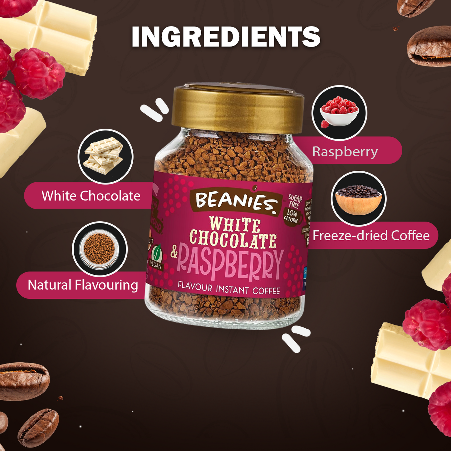 Beanies White Chocolate and Raspberry Flavour Instant Coffee, 50g