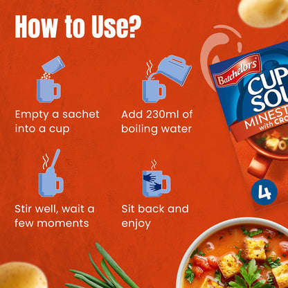 Batchelors - Cup A Soup Minestrone with Croutons | Instant Vegetable Soup Sachets Pack of 4 (94g)
