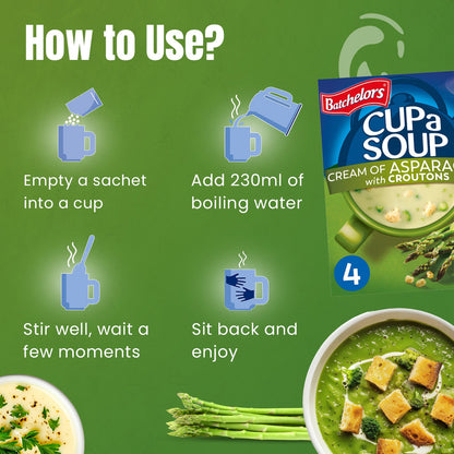 Batchelors - Cup A Soup Cream of Asparagus with Croutons | Instant Asparagus Soup Sachets Pack of 4 (117g)