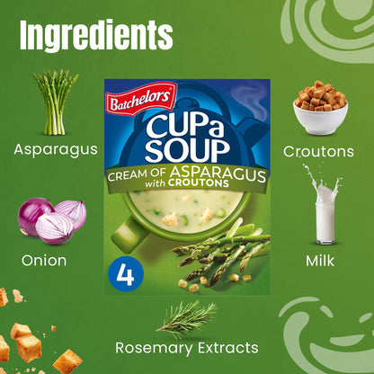 Batchelors - Cup A Soup Cream of Asparagus with Croutons | Instant Asparagus Soup Sachets Pack of 4 (117g)