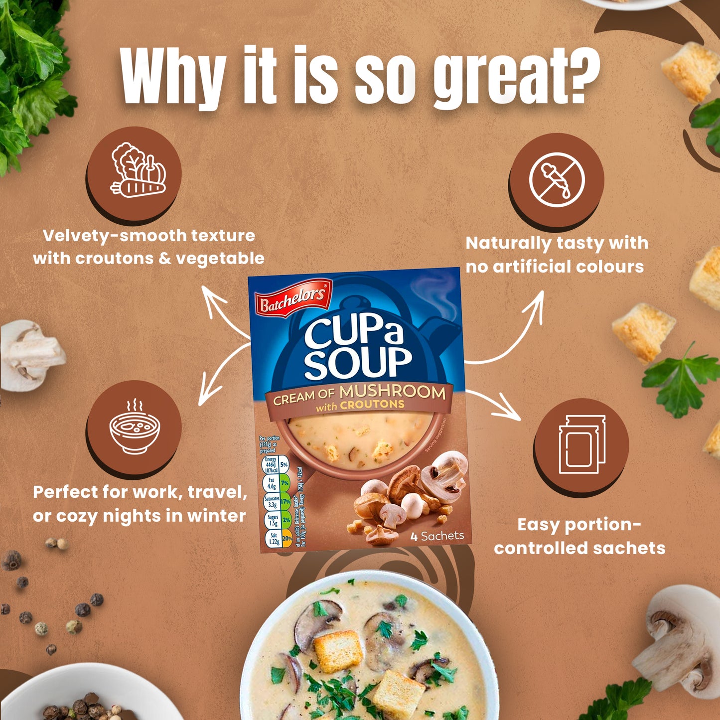 Batchelors Cup A Soup Cream of Mushroom with Croutons, 99g