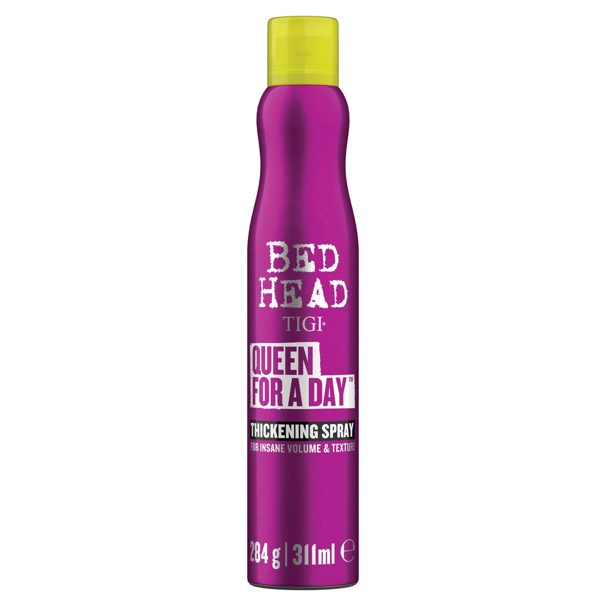 Purple hair spray bottle with yellow cap on a white background